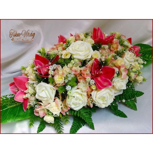 Mályva orchidea-ekrü rózsa- barack díszítéssel örök-asztaldísz 