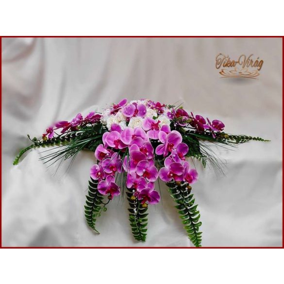 Lila orchideás- fehér rózsás örök asztaldísz 
