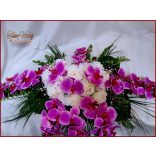 Lila orchideás- fehér rózsás örök asztaldísz 