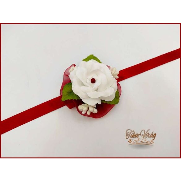 Fehér rózsa bordó szalagon csuklódísz 