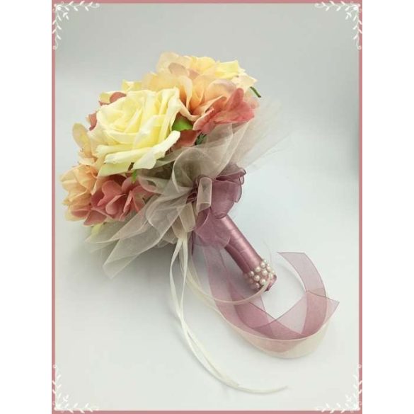 Ekrü-rózsás-mályva azáleás, hortenziás örök-csokor 