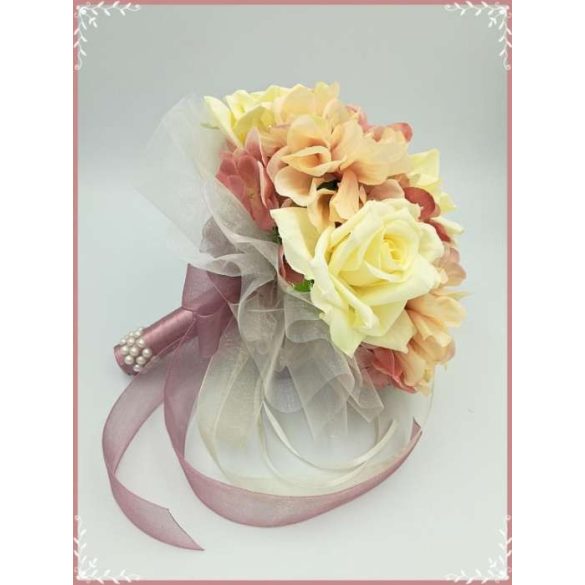 Ekrü-rózsás-mályva azáleás, hortenziás örök-csokor 