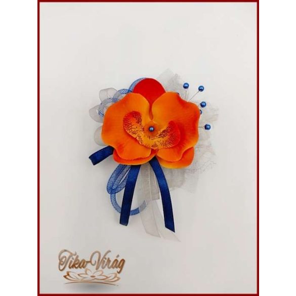 Narancssárga orchidea ezüst és párizskék díszítésű női kitűző 