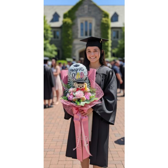 Ballagási örök csokor – lufis macis szappanrózsás egyedi ajándék