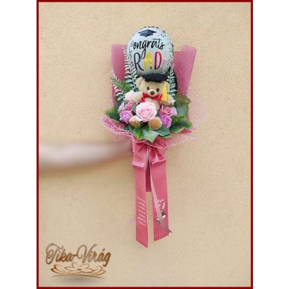 Ballagási örök csokor – lufis macis szappanrózsás egyedi ajándék