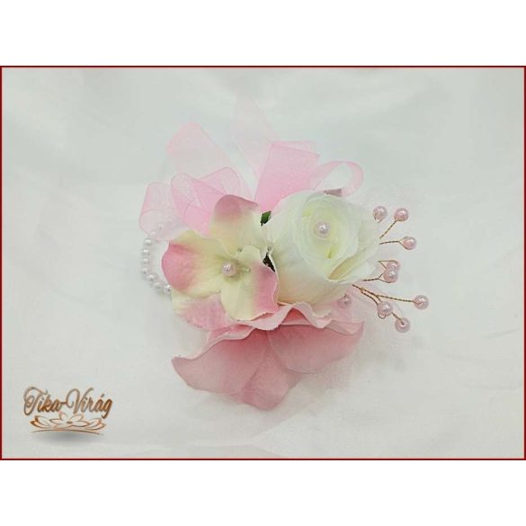 Rózsaszín-fehér rózsás-hortenziás csuklódísz gyöngysoron 