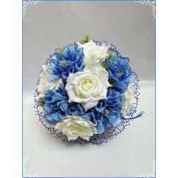 Tört-fehér rózsás- kék azáleás örök-csokor 