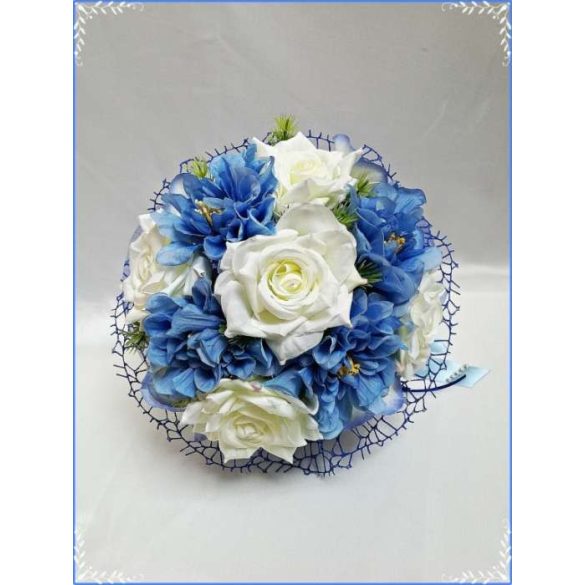 Tört-fehér rózsás- kék azáleás örök-csokor 