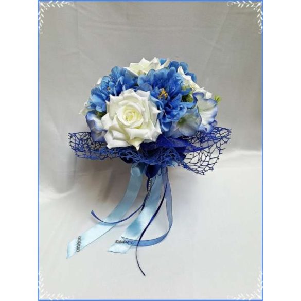 Tört-fehér rózsás- kék azáleás örök-csokor 