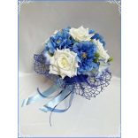 Tört-fehér rózsás- kék azáleás örök-csokor 