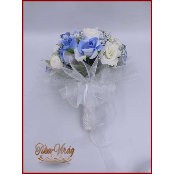 5 szál fehér rózsa - kék díszítéssel örök-csokor 