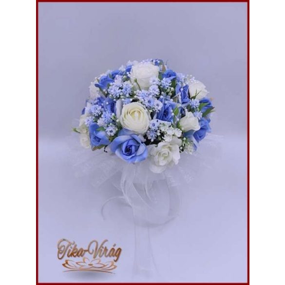 5 szál fehér rózsa - kék díszítéssel örök-csokor 