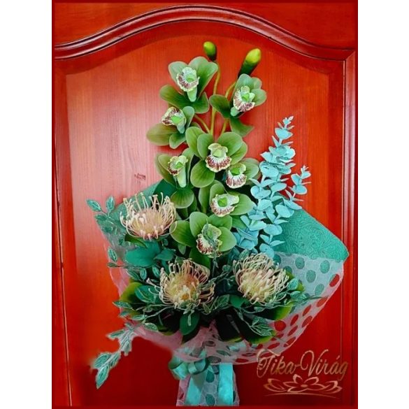 Különleges zöld orchideás örök-csokor 