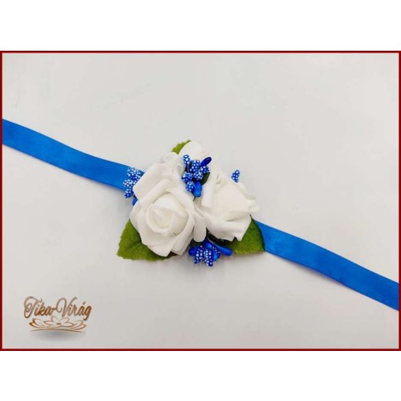 Fehér rózsás- királykék díszítésű csuklódísz 
