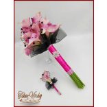 24 VIRÁGOS LILA KÁLA ÖRÖK-CSOKOR FEKETE-PINK DÍSZÍTÉSSEL + KITŰZŐVEL 