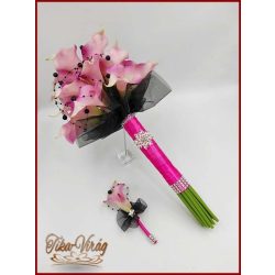   24 VIRÁGOS LILA KÁLA ÖRÖK-CSOKOR FEKETE-PINK DÍSZÍTÉSSEL + KITŰZŐVEL 