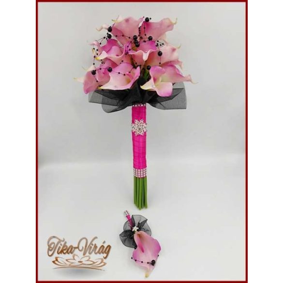 24 VIRÁGOS LILA KÁLA ÖRÖK-CSOKOR FEKETE-PINK DÍSZÍTÉSSEL + KITŰZŐVEL 