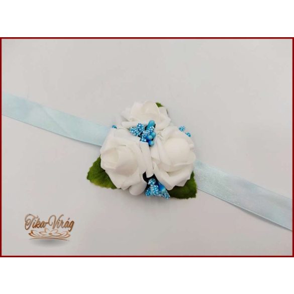 Fehér rózsás-türkiz-világoskék díszítésű csuklódísz 