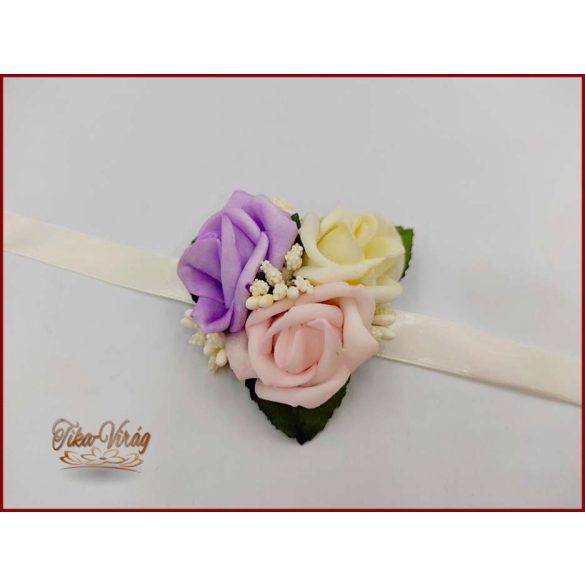 Lila-rózsaszín-ekrü rózsás csuklódísz 
