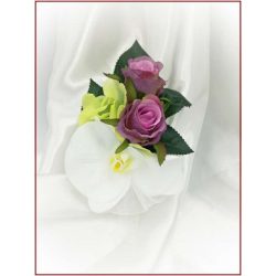   Lila-Fehér Orchideás-Rózsás, zöld Hortenziás kitűző, bokréta 