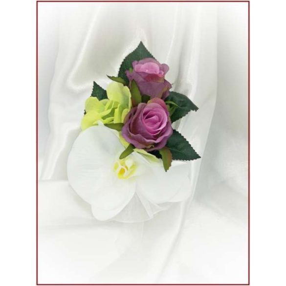 Lila-Fehér Orchideás-Rózsás, zöld Hortenziás kitűző, bokréta 