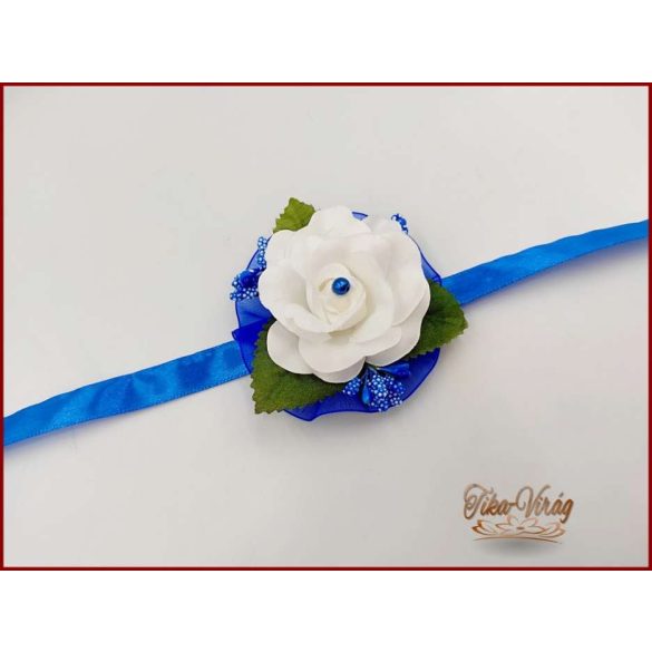 Fehér rózsás- királykék díszítésű csuklódísz 