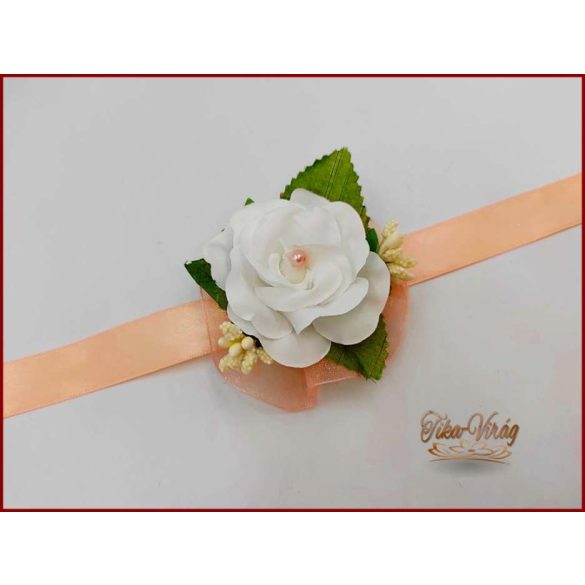 Fehér rózsás-barack díszítésű csuklódísz 