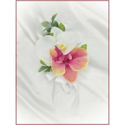 Korall-fehér orchideás kitűző, bokréta 