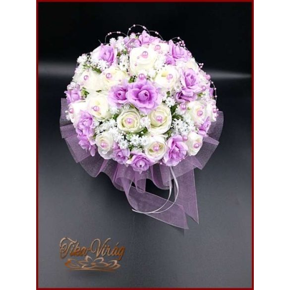 25 szálas fehér rózsás-lila rózsával díszített örök-csokor 
