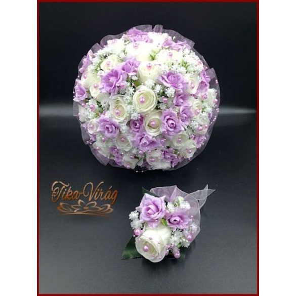 25 SZÁLAS FEHÉR RÓZSÁS-LILA RÓZSÁVAL DÍSZÍTETT ÖRÖK-CSOKOR+kitűzővel 