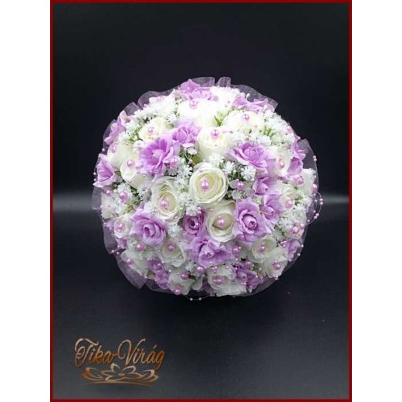 25 SZÁLAS FEHÉR RÓZSÁS-LILA RÓZSÁVAL DÍSZÍTETT ÖRÖK-CSOKOR+kitűzővel 