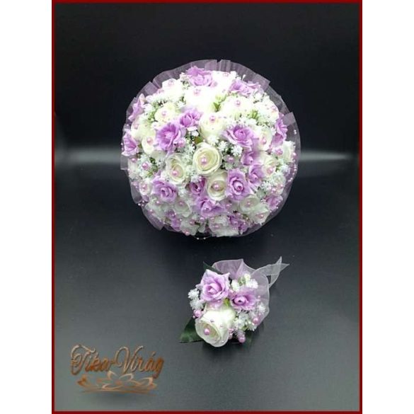 25 SZÁLAS FEHÉR RÓZSÁS-LILA RÓZSÁVAL DÍSZÍTETT ÖRÖK-CSOKOR+kitűzővel 