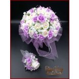 25 SZÁLAS FEHÉR RÓZSÁS-LILA RÓZSÁVAL DÍSZÍTETT ÖRÖK-CSOKOR+kitűzővel 