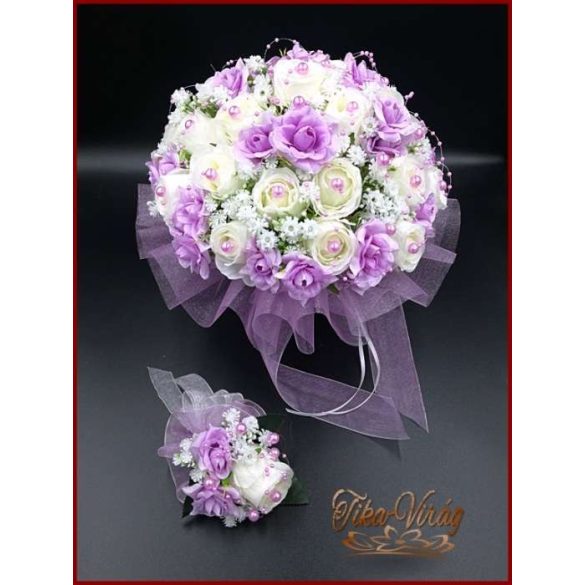 25 SZÁLAS FEHÉR RÓZSÁS-LILA RÓZSÁVAL DÍSZÍTETT ÖRÖK-CSOKOR+kitűzővel 