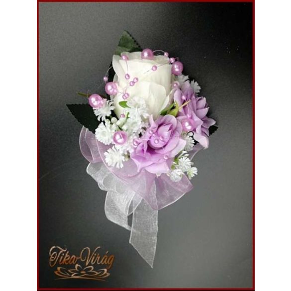 25 SZÁLAS FEHÉR RÓZSÁS-LILA RÓZSÁVAL DÍSZÍTETT ÖRÖK-CSOKOR+kitűzővel 