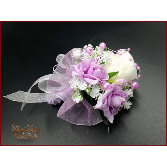 25 SZÁLAS FEHÉR RÓZSÁS-LILA RÓZSÁVAL DÍSZÍTETT ÖRÖK-CSOKOR+kitűzővel 