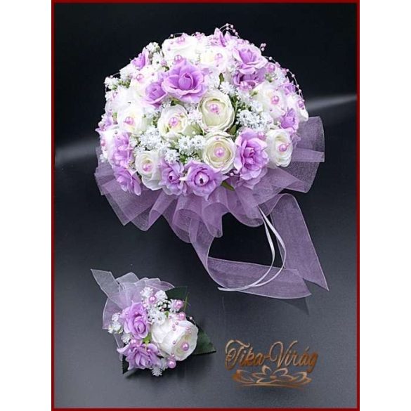 25 SZÁLAS FEHÉR RÓZSÁS-LILA RÓZSÁVAL DÍSZÍTETT ÖRÖK-CSOKOR+kitűzővel 