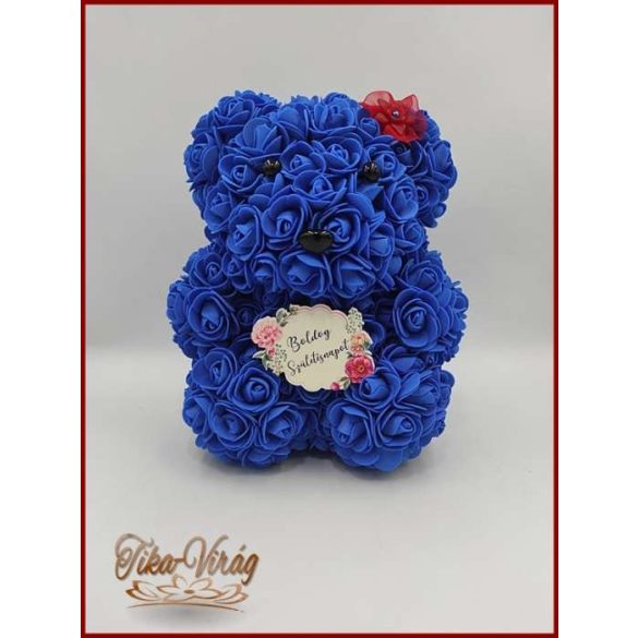 Királykék Rózsa-Maci köszöntő táblácskával 25cm 