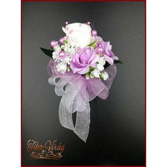 Fehér rózsás-lila rózsával díszített kitűző, bokréta 