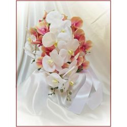 Korall-fehér orchideás örök-csokor 