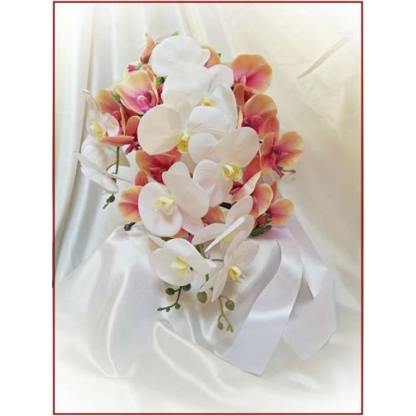 Korall-fehér orchideás örök-csokor 