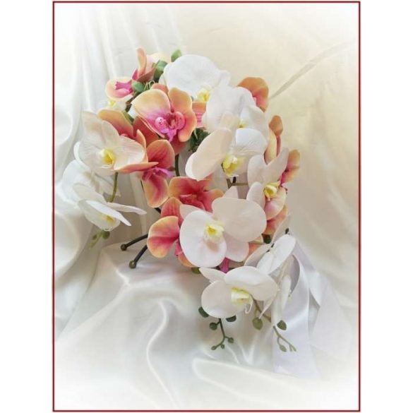 Korall-fehér orchideás örök-csokor 