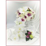 Lila-Fehér Orchideás-Rózsás, zöld Hortenziás Örök-cseppcsokor + kitűzővel 