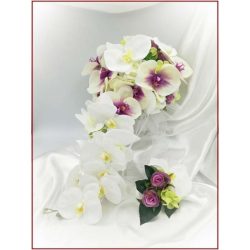   Lila-Fehér Orchideás-Rózsás, zöld Hortenziás Örök-cseppcsokor + kitűzővel 