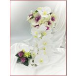 Lila-Fehér Orchideás-Rózsás, zöld Hortenziás Örök-cseppcsokor + kitűzővel 