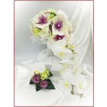 Lila-Fehér Orchideás-Rózsás, zöld Hortenziás Örök-cseppcsokor + kitűzővel 