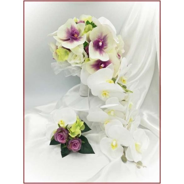 Lila-Fehér Orchideás-Rózsás, zöld Hortenziás Örök-cseppcsokor + kitűzővel 