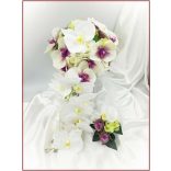 Lila-Fehér Orchideás-Rózsás, zöld Hortenziás Örök-cseppcsokor + kitűzővel 