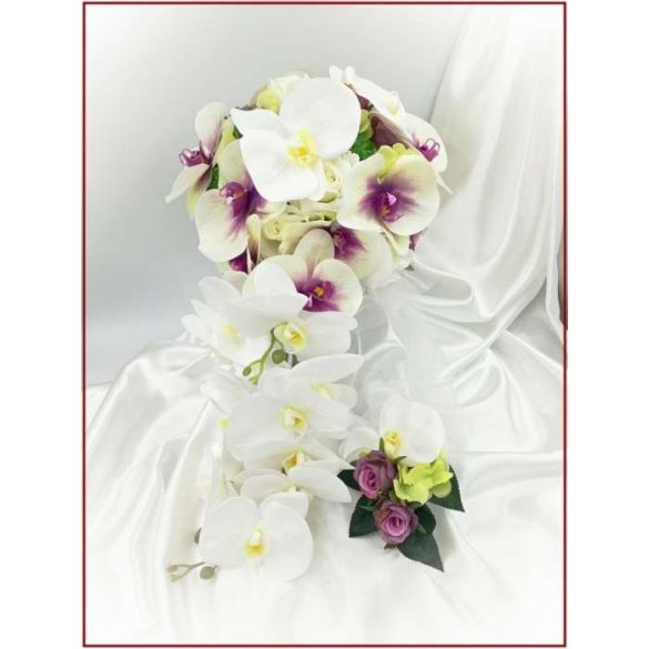 Lila-Fehér Orchideás-Rózsás, zöld Hortenziás Örök-cseppcsokor + kitűzővel 