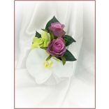 Lila-Fehér Orchideás-Rózsás, zöld Hortenziás Örök-cseppcsokor + kitűzővel 